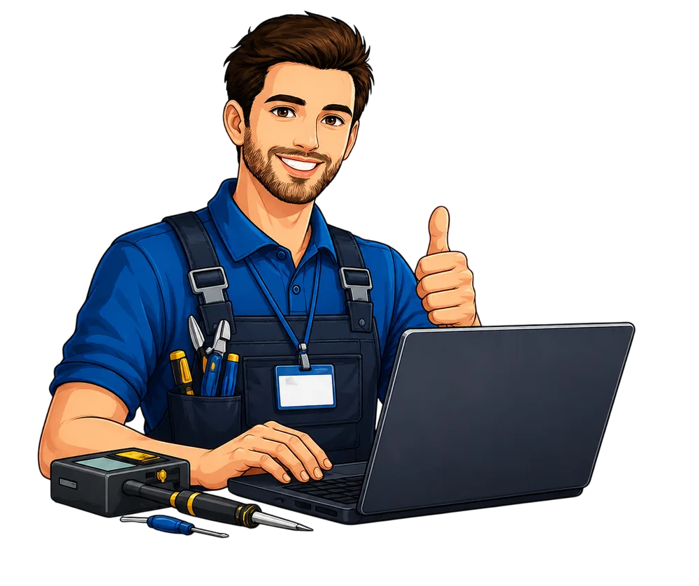 Técnico de servicio usando Servisoftt en su laptop