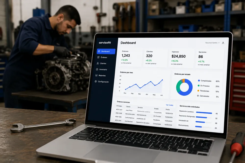 Dashboard de software para taller mecánico y de electrodomésticos en Ecuador - Servisoftt