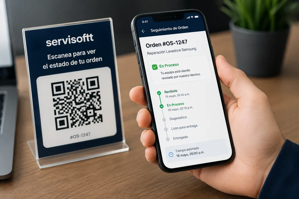 Seguimiento de orden de reparación por código QR para clientes - Servisoftt